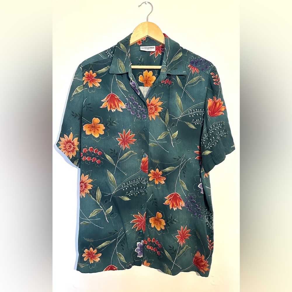 Alfred Dunner Vintage Shirt Sz 14 Floral Green and Orange Casual Button Down